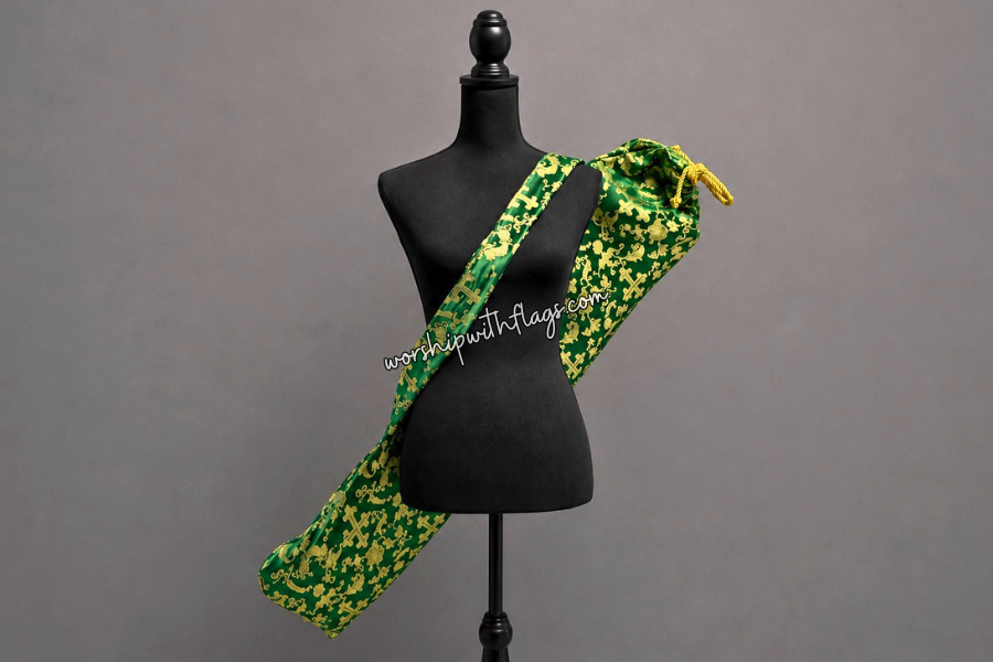 Green & Gold Brocade Cross Worship Flag Bag