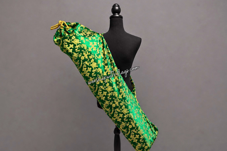 Green & Gold Brocade Cross Worship Flag Bag