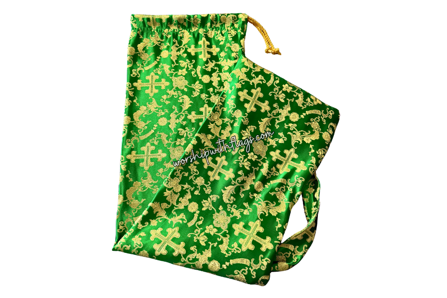 Green & Gold Brocade Cross Worship Flag Bag