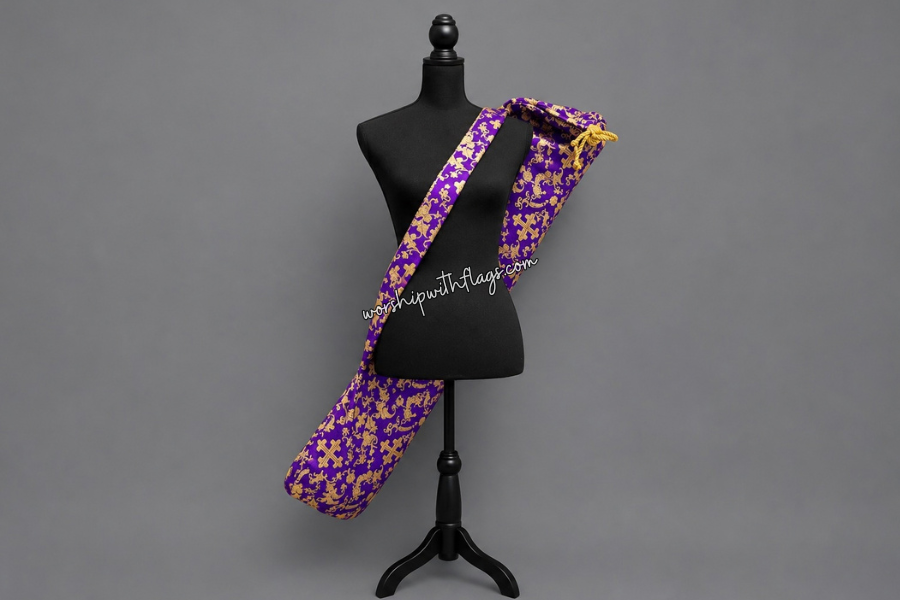 Dark Purple & Gold Brocade Cross Worship Flag Bag