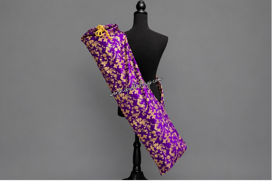 Dark Purple & Gold Brocade Cross Worship Flag Bag